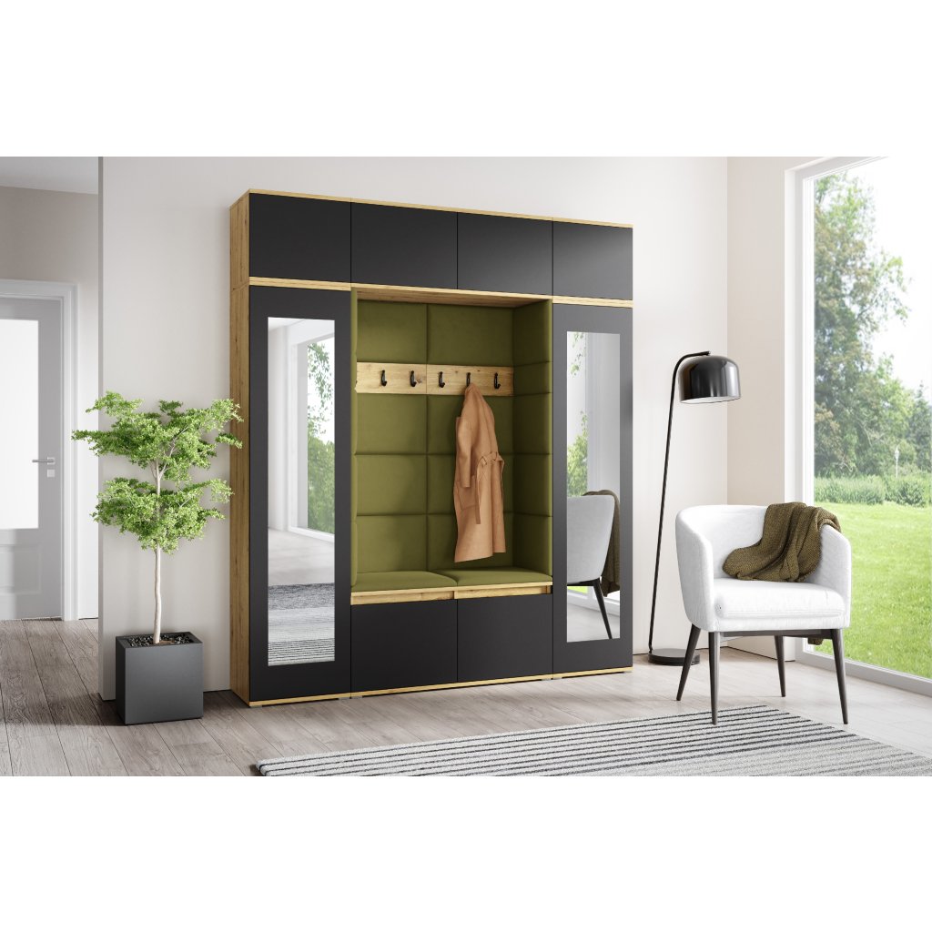 Eka Předsíňová stěna s čalouněnými panely Trinity 32 - Dub Artisan s černou / Khaki zelená 2327