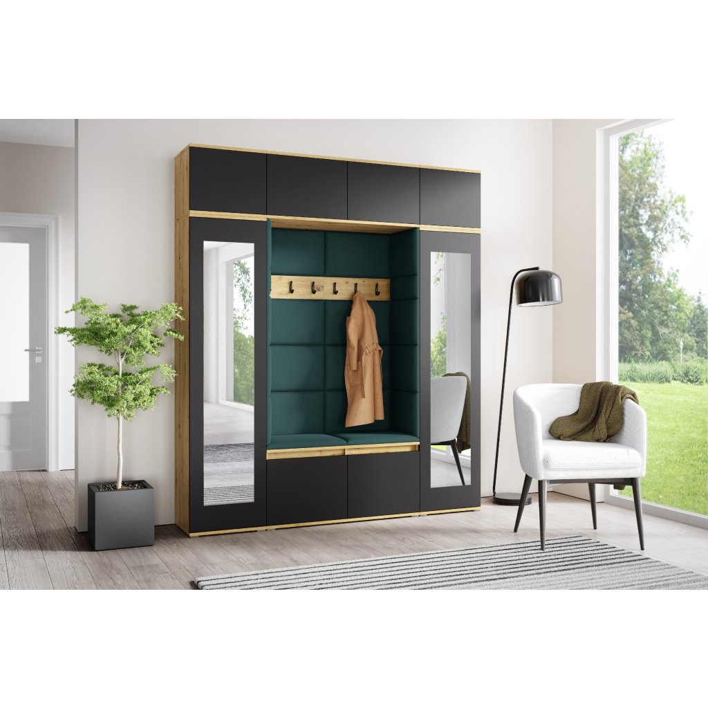 Eka Předsíňová stěna s čalouněnými panely Trinity 32 - Dub Artisan s černou / Tmavá zelená 2328
