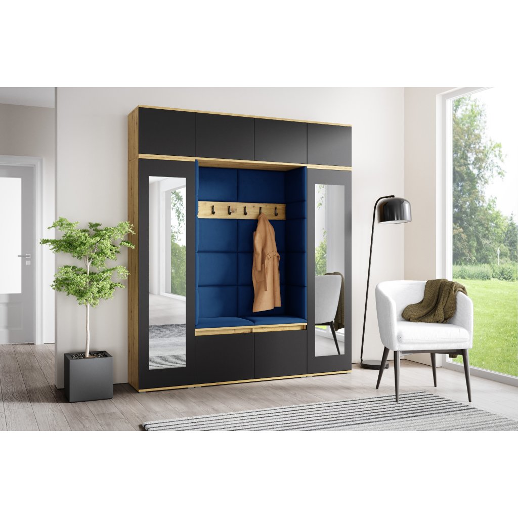 Eka Předsíňová stěna s čalouněnými panely Trinity 32 - Dub Artisan s černou / Tmavá modrá 2331