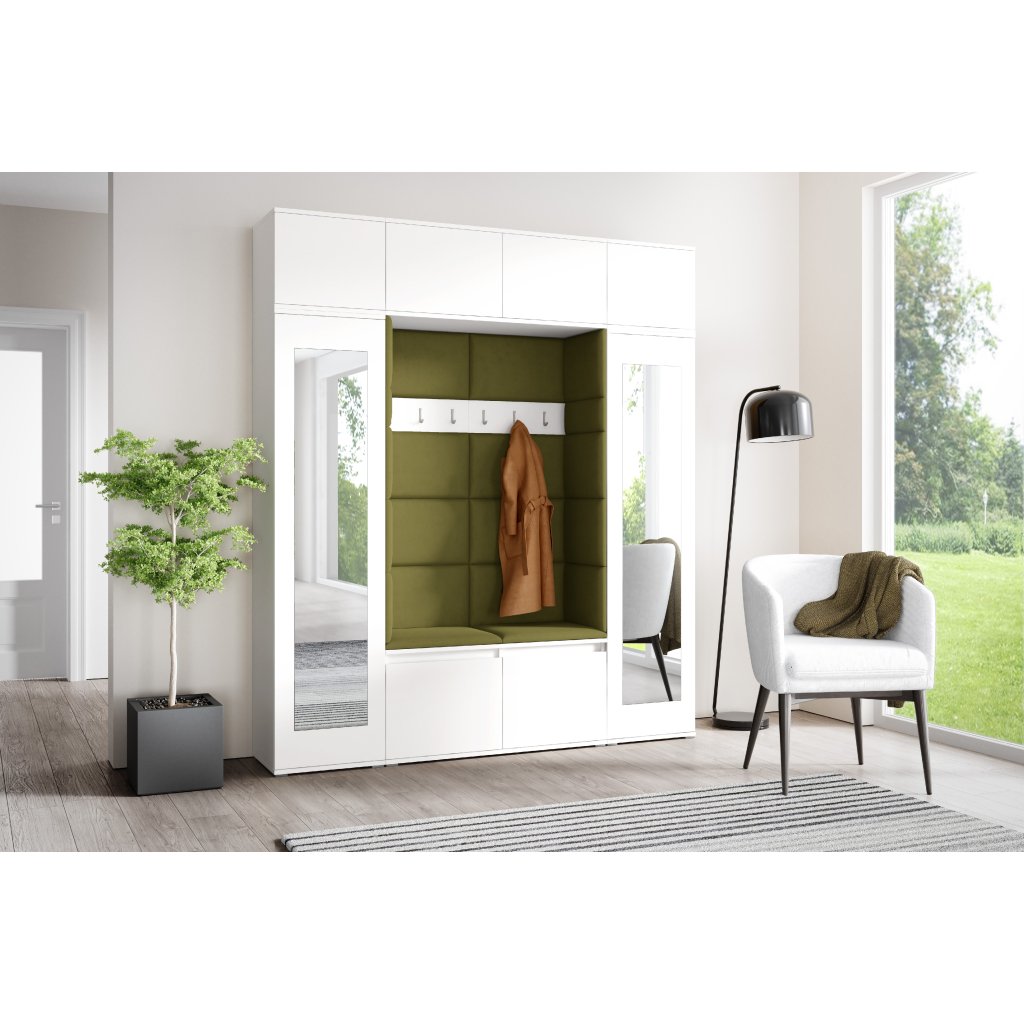 Eka Předsíňová stěna s čalouněnými panely Trinity 32 - Bílá / Khaki zelená 2327