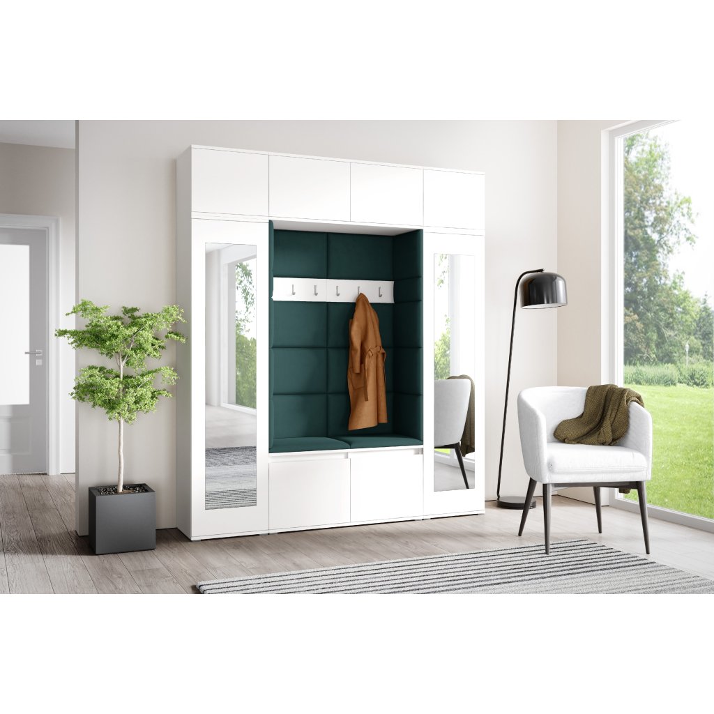 Eka Předsíňová stěna s čalouněnými panely Trinity 32 - Bílá / Tmavá zelená 2328