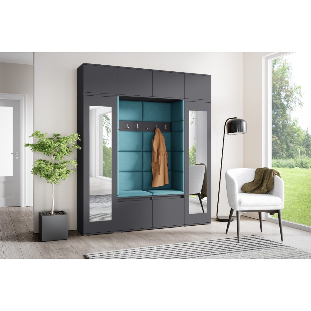 Eka Předsíňová stěna s čalouněnými panely Trinity 32 - Grafit / Azurová 2313