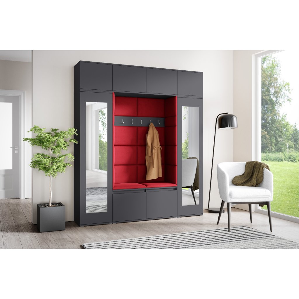 Eka Předsíňová stěna s čalouněnými panely Trinity 32 - Grafit / Rubínová 2324