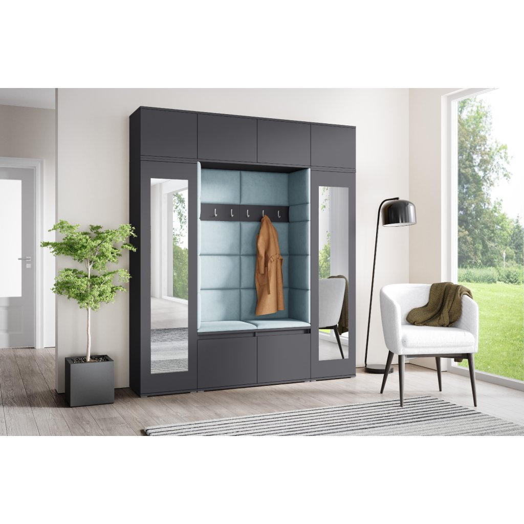 Eka Předsíňová stěna s čalouněnými panely Trinity 32 - Grafit / Světlá modrá 2322