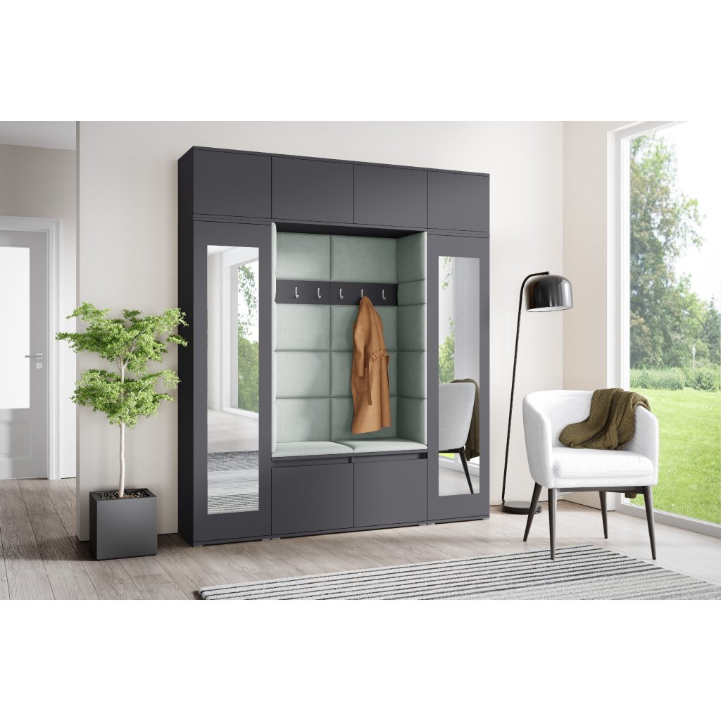 Eka Předsíňová stěna s čalouněnými panely Trinity 32 - Grafit / Světlá zelená 2321