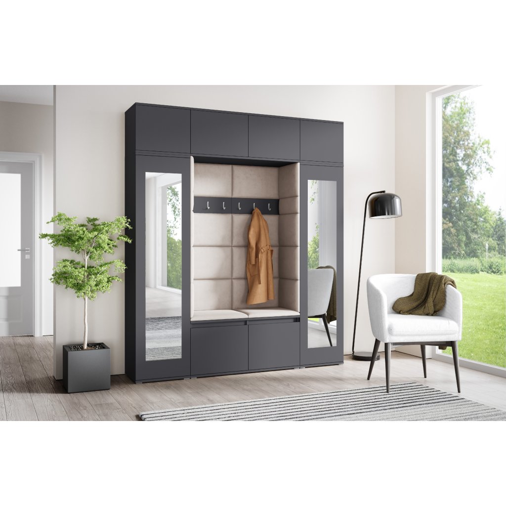 Eka Předsíňová stěna s čalouněnými panely Trinity 32 - Grafit / Tmavá krémová 2302