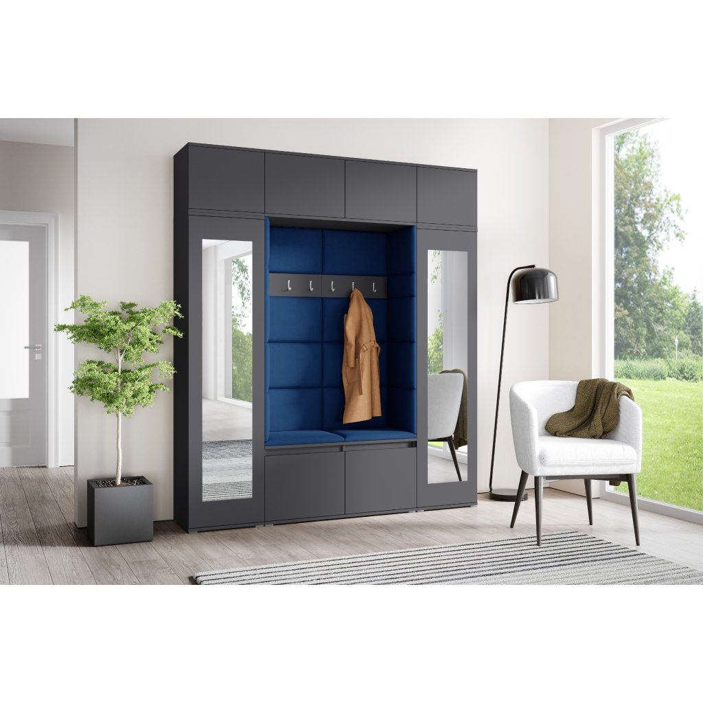 Eka Předsíňová stěna s čalouněnými panely Trinity 32 - Grafit / Tmavá modrá 2331