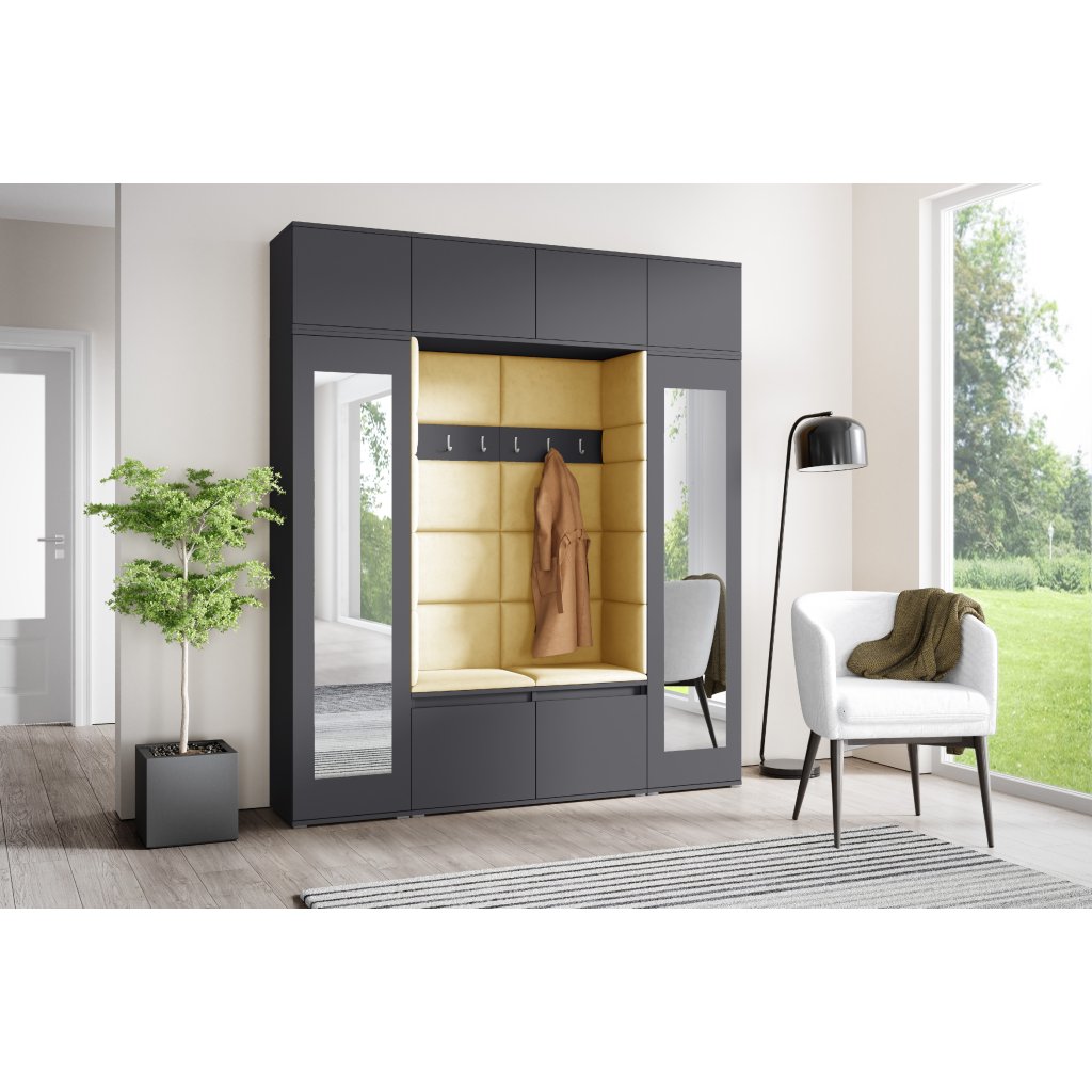 Eka Předsíňová stěna s čalouněnými panely Trinity 32 - Grafit / Žlutá 2318
