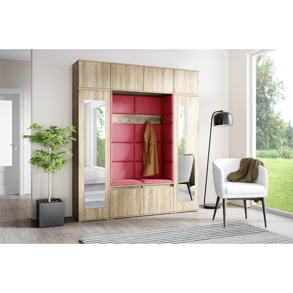 Eka Předsíňová stěna s čalouněnými panely Trinity 32 - Sonoma / Červená 2309