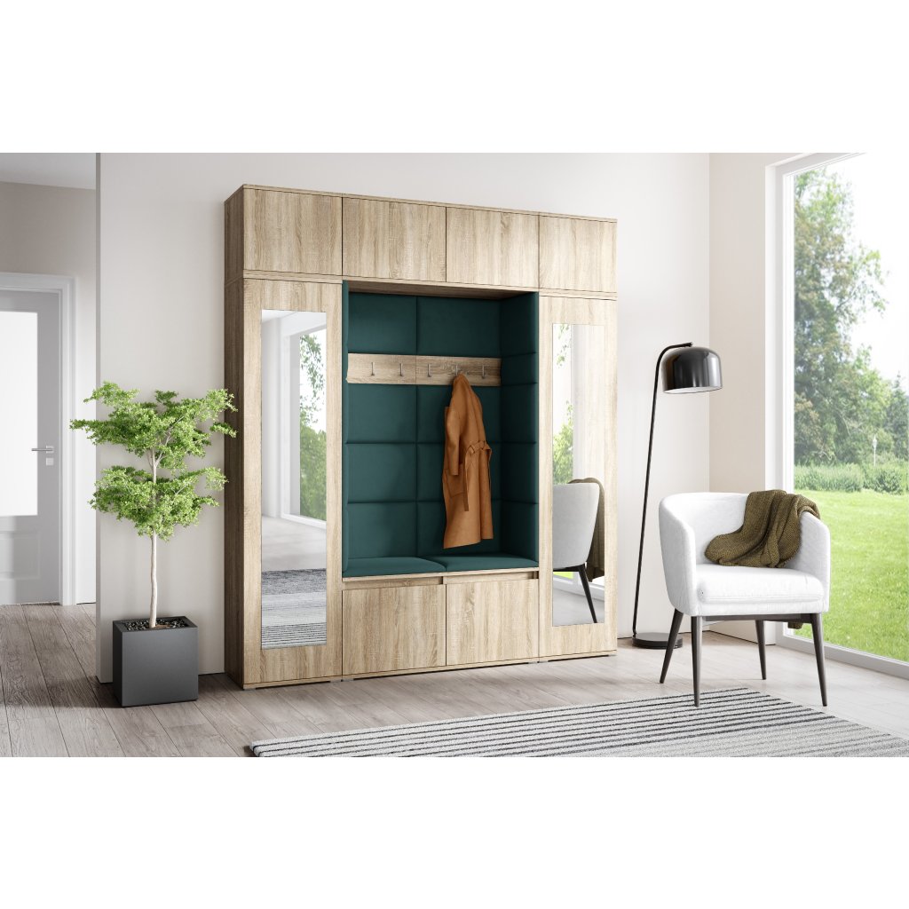 Eka Předsíňová stěna s čalouněnými panely Trinity 32 - Sonoma / Tmavá zelená 2328