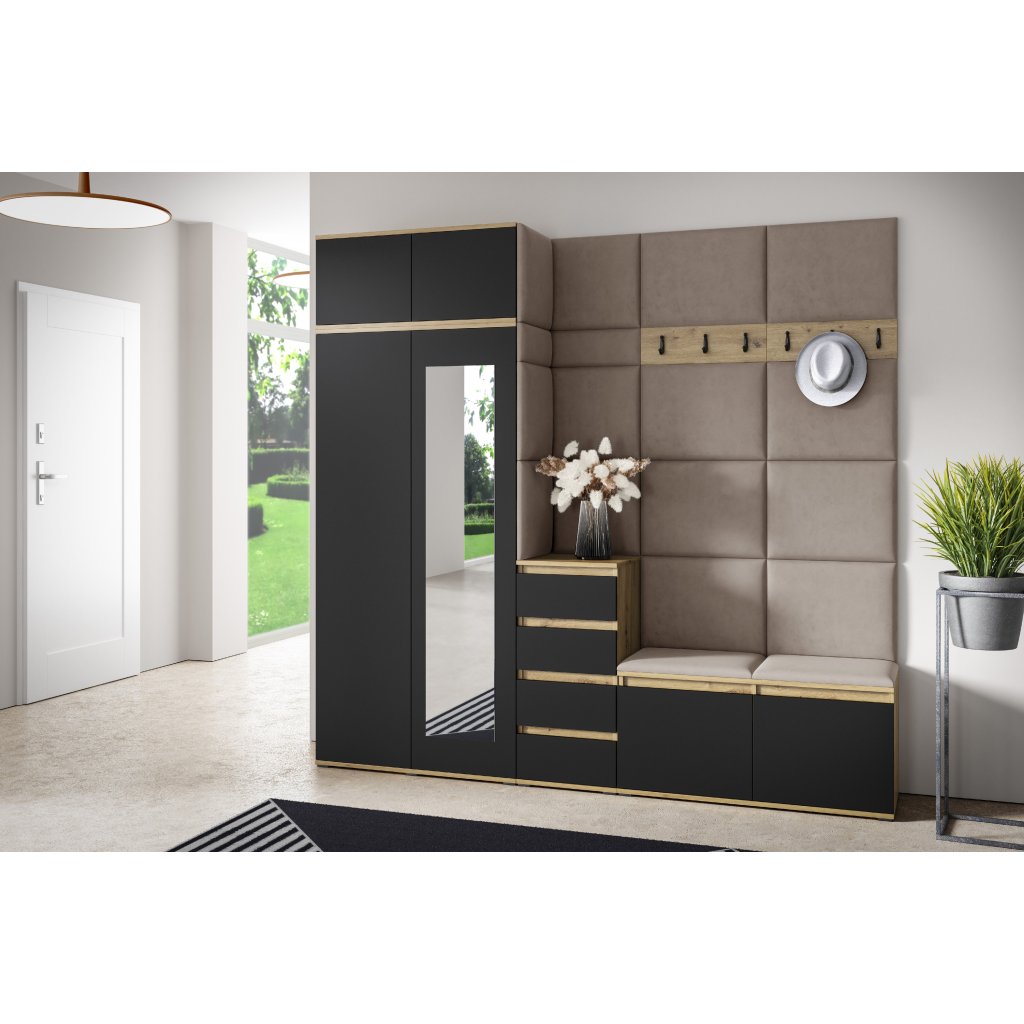 Eka Předsíňová stěna s čalouněnými panely Trinity 33 - Dub Artisan s černou / Tmavá béžová 2305