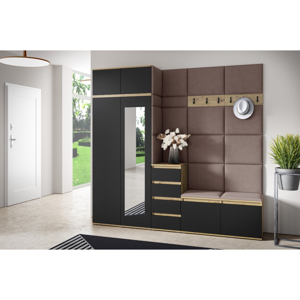 Eka Předsíňová stěna s čalouněnými panely Trinity 33 - Dub Artisan s černou / Světlá hnědá 2306