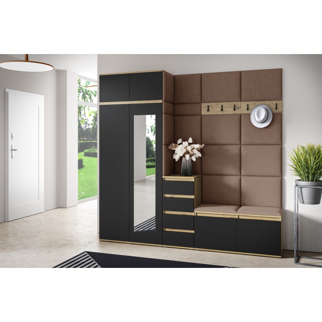 Eka Předsíňová stěna s čalouněnými panely Trinity 33 - Dub Artisan s černou / Hnědá 2307