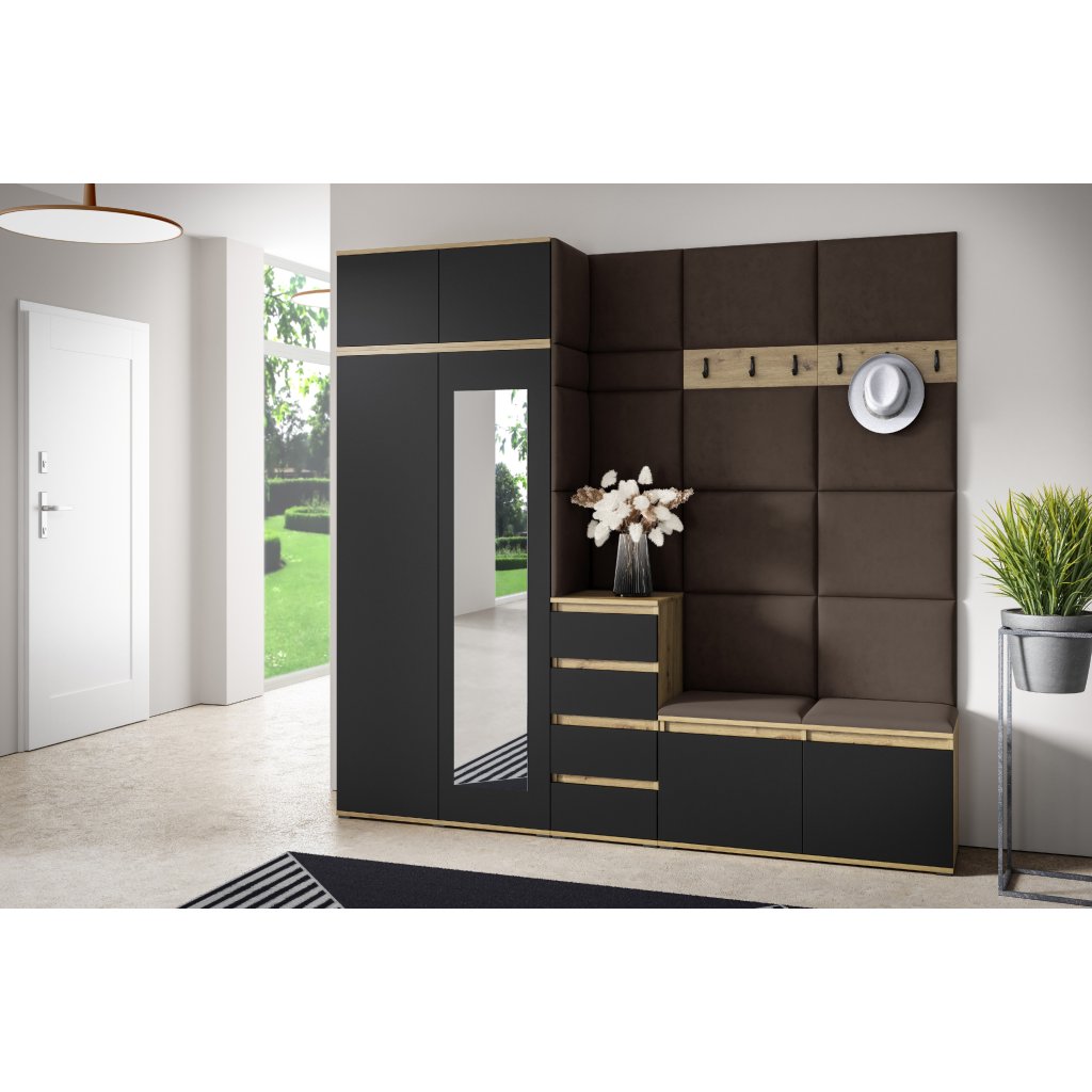 Eka Předsíňová stěna s čalouněnými panely Trinity 33 - Dub Artisan s černou / Tmavá hnědá 2308