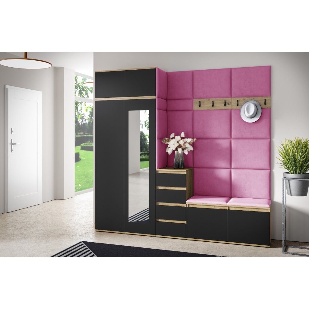 Eka Předsíňová stěna s čalouněnými panely Trinity 33 - Dub Artisan s černou / Růžová 2310