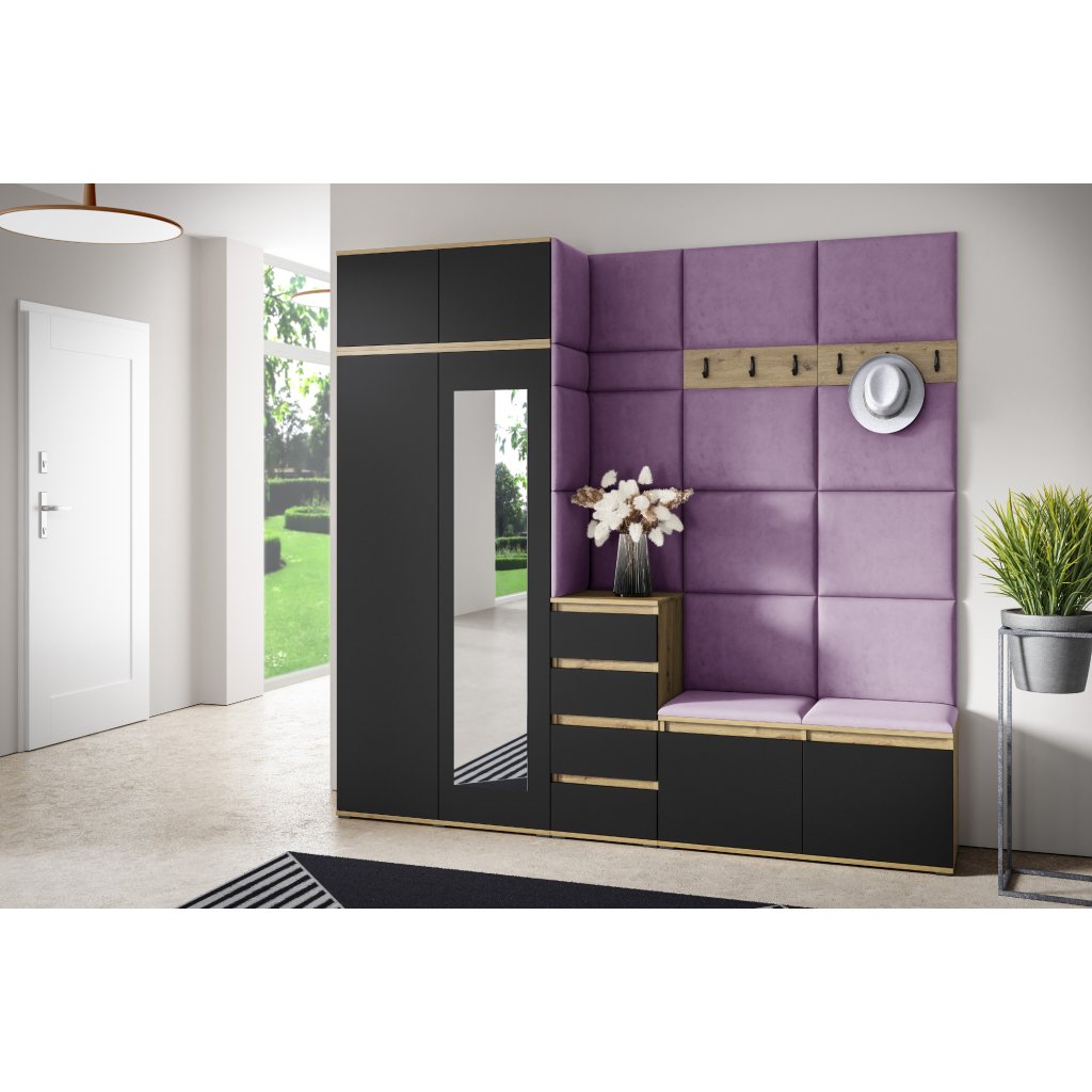 Eka Předsíňová stěna s čalouněnými panely Trinity 33 - Dub Artisan s černou / Fialová 2311