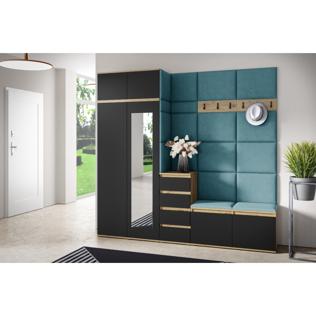 Eka Předsíňová stěna s čalouněnými panely Trinity 33 - Dub Artisan s černou / Azurová 2313