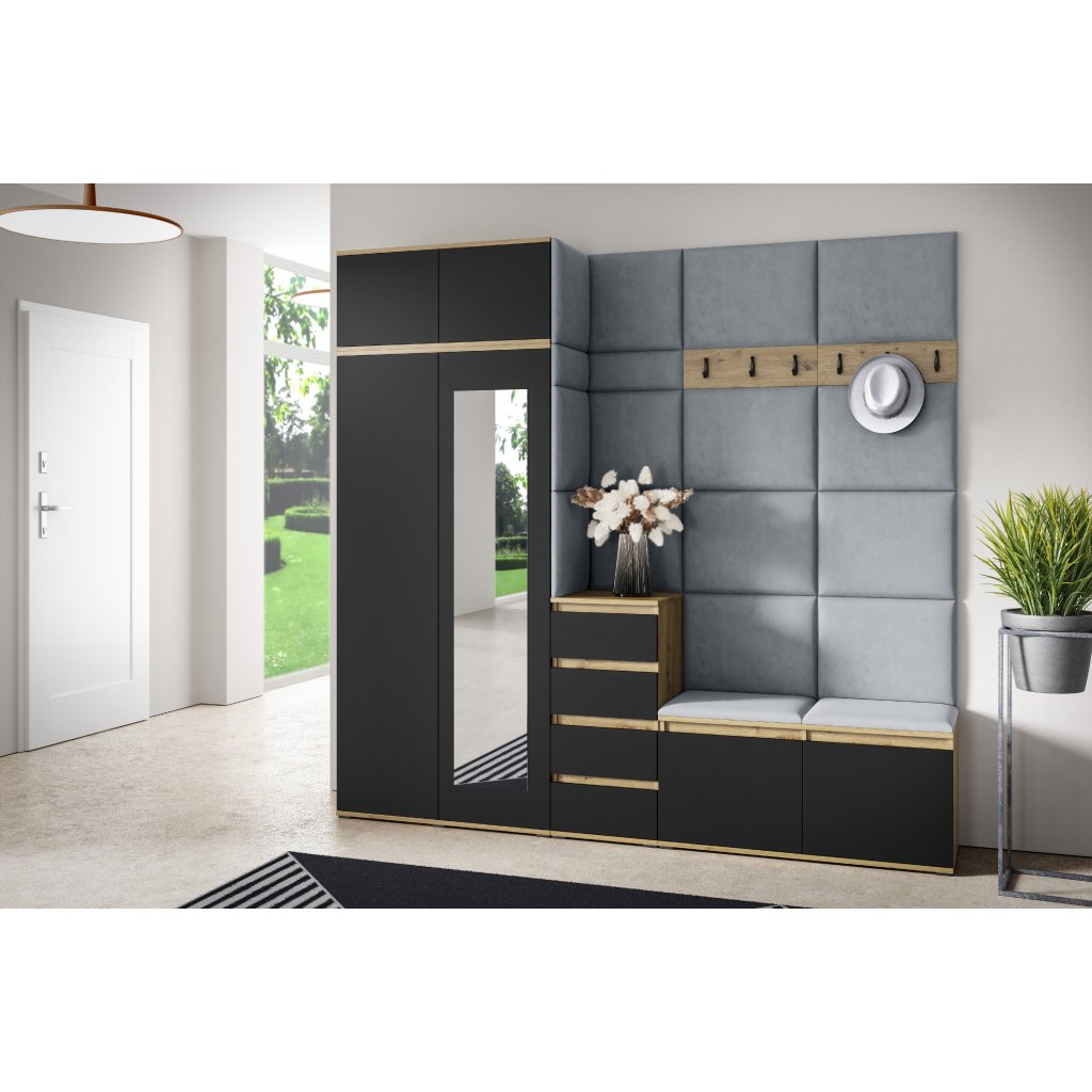 Eka Předsíňová stěna s čalouněnými panely Trinity 33 - Dub Artisan s černou / Šedá 2314