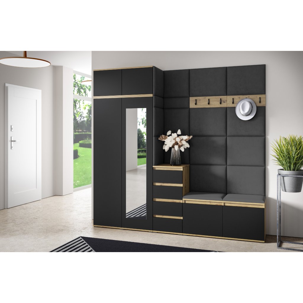 Eka Předsíňová stěna s čalouněnými panely Trinity 33 - Dub Artisan s černou / Tmavá šedá 2315