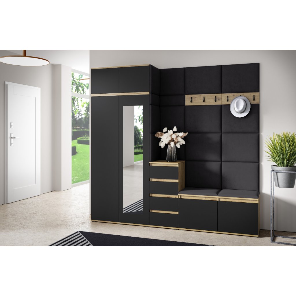 Eka Předsíňová stěna s čalouněnými panely Trinity 33 - Dub Artisan s černou / Černá 2316