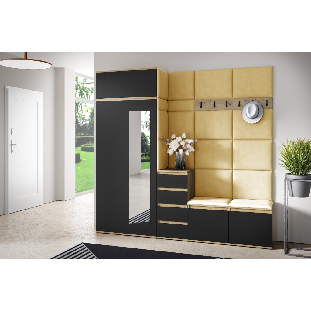 Eka Předsíňová stěna s čalouněnými panely Trinity 33 - Dub Artisan s černou / Žlutá 2318