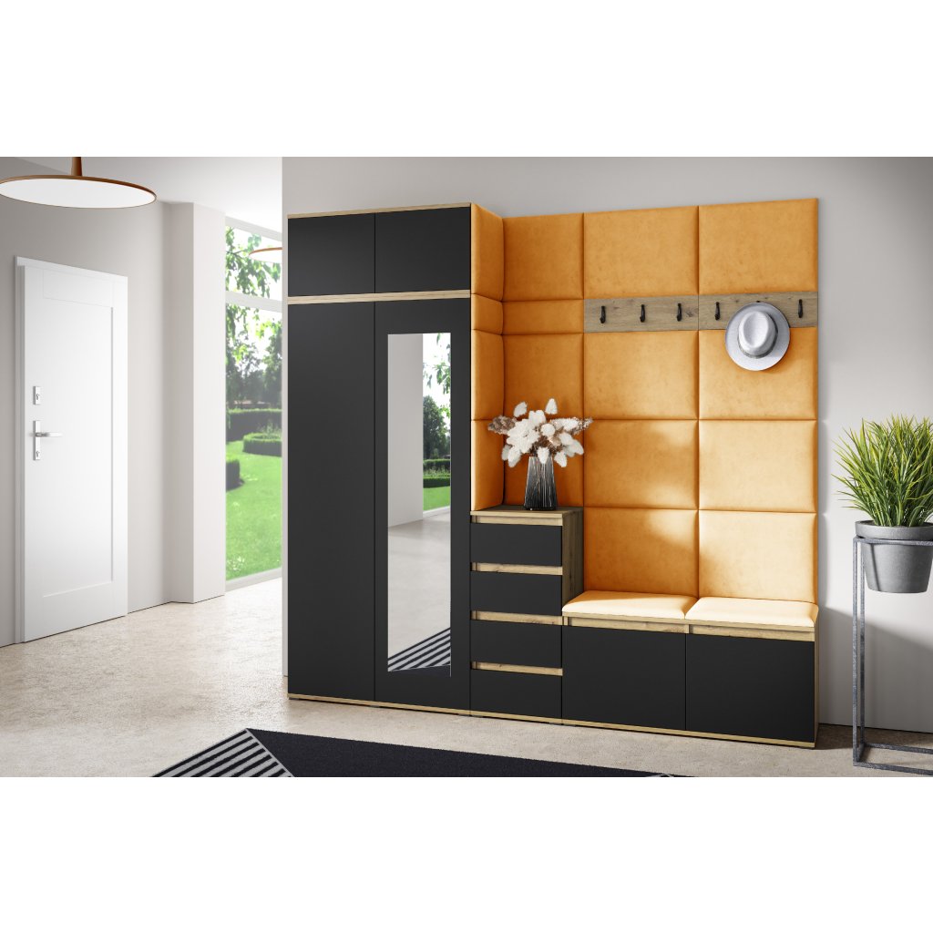 Eka Předsíňová stěna s čalouněnými panely Trinity 33 - Dub Artisan s černou / Hořčicová 2326