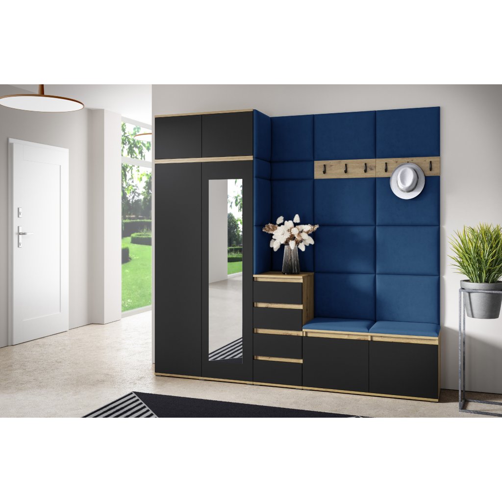 Eka Předsíňová stěna s čalouněnými panely Trinity 33 - Dub Artisan s černou / Tmavá modrá 2331