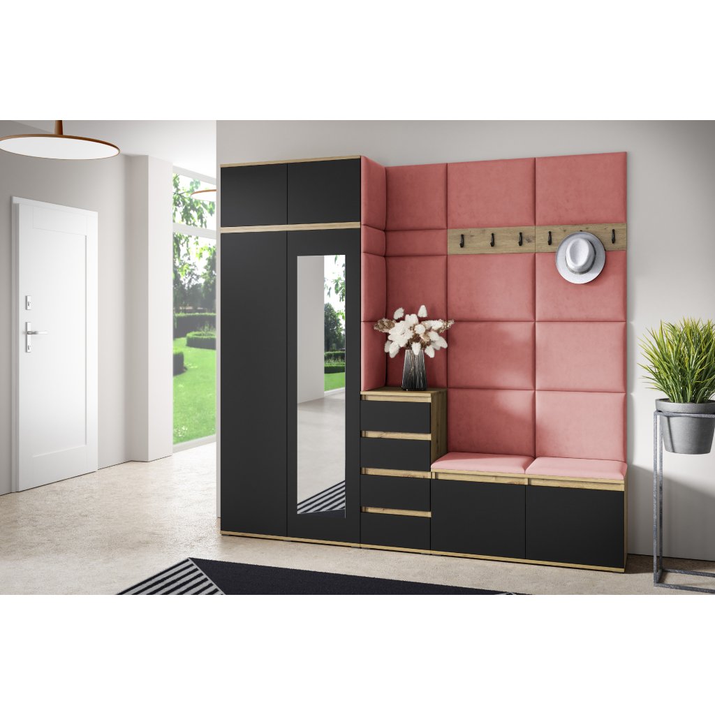 Eka Předsíňová stěna s čalouněnými panely Trinity 33 - Dub Artisan s černou / Tmavá růžová 2323