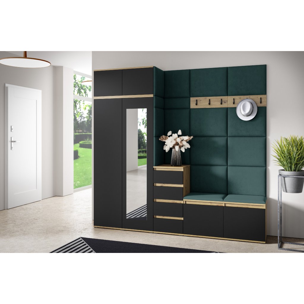 Eka Předsíňová stěna s čalouněnými panely Trinity 33 - Dub Artisan s černou / Tmavá zelená 2328