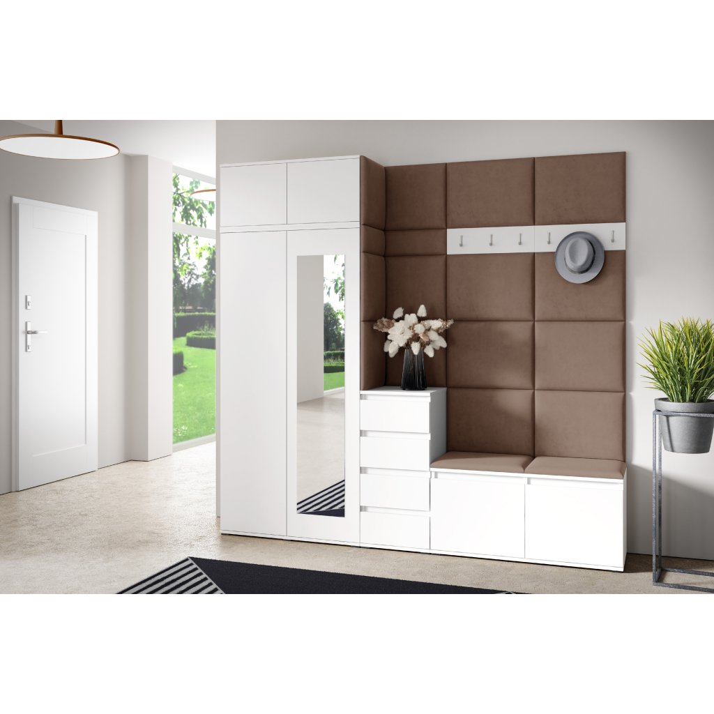 Eka Předsíňová stěna s čalouněnými panely Trinity 33 - Bílá / Hnědá 2307