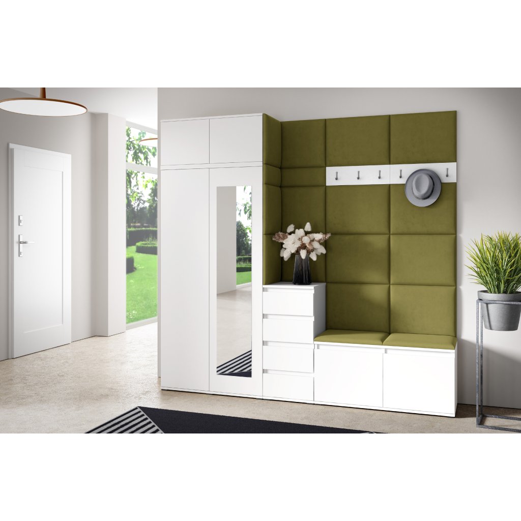Eka Předsíňová stěna s čalouněnými panely Trinity 33 - Bílá / Khaki zelená 2327