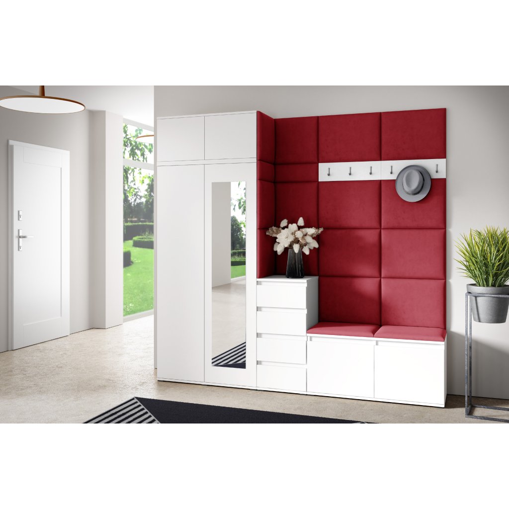 Eka Předsíňová stěna s čalouněnými panely Trinity 33 - Bílá / Rubínová 2324