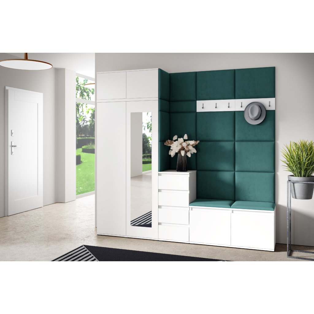 Eka Předsíňová stěna s čalouněnými panely Trinity 33 - Bílá / Tmavá zelená 2328