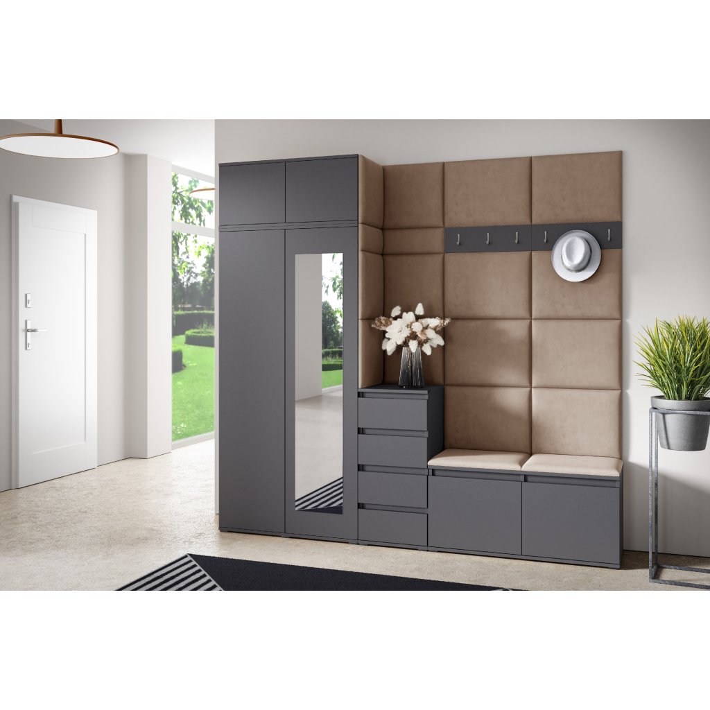 Eka Předsíňová stěna s čalouněnými panely Trinity 33 - Grafit / Béžová 2304