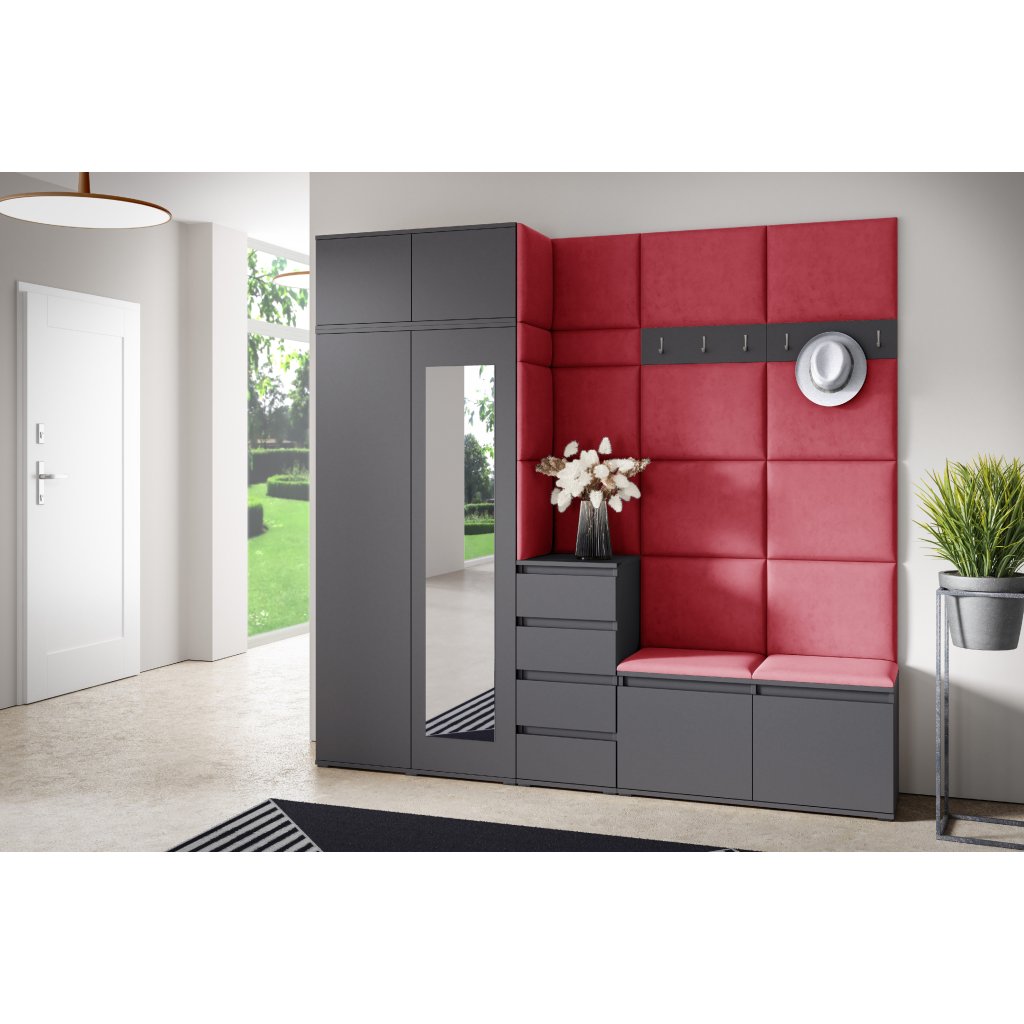 Eka Předsíňová stěna s čalouněnými panely Trinity 33 - Grafit / Červená 2309