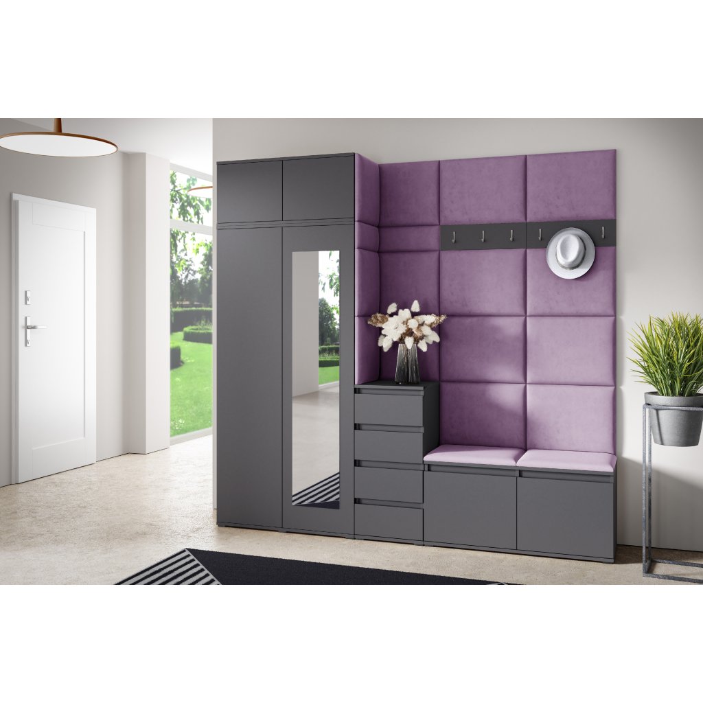 Eka Předsíňová stěna s čalouněnými panely Trinity 33 - Grafit / Fialová 2311