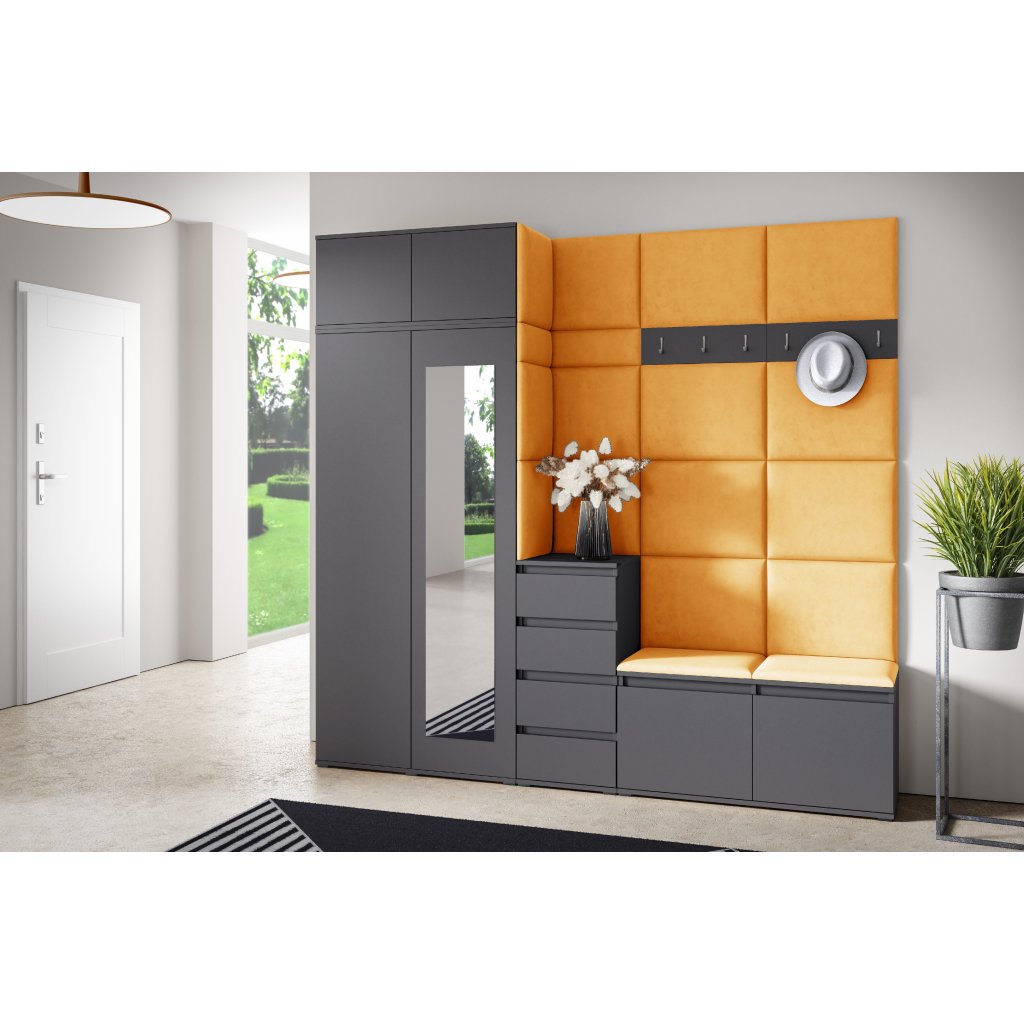 Eka Předsíňová stěna s čalouněnými panely Trinity 33 - Grafit / Hořčicová 2326