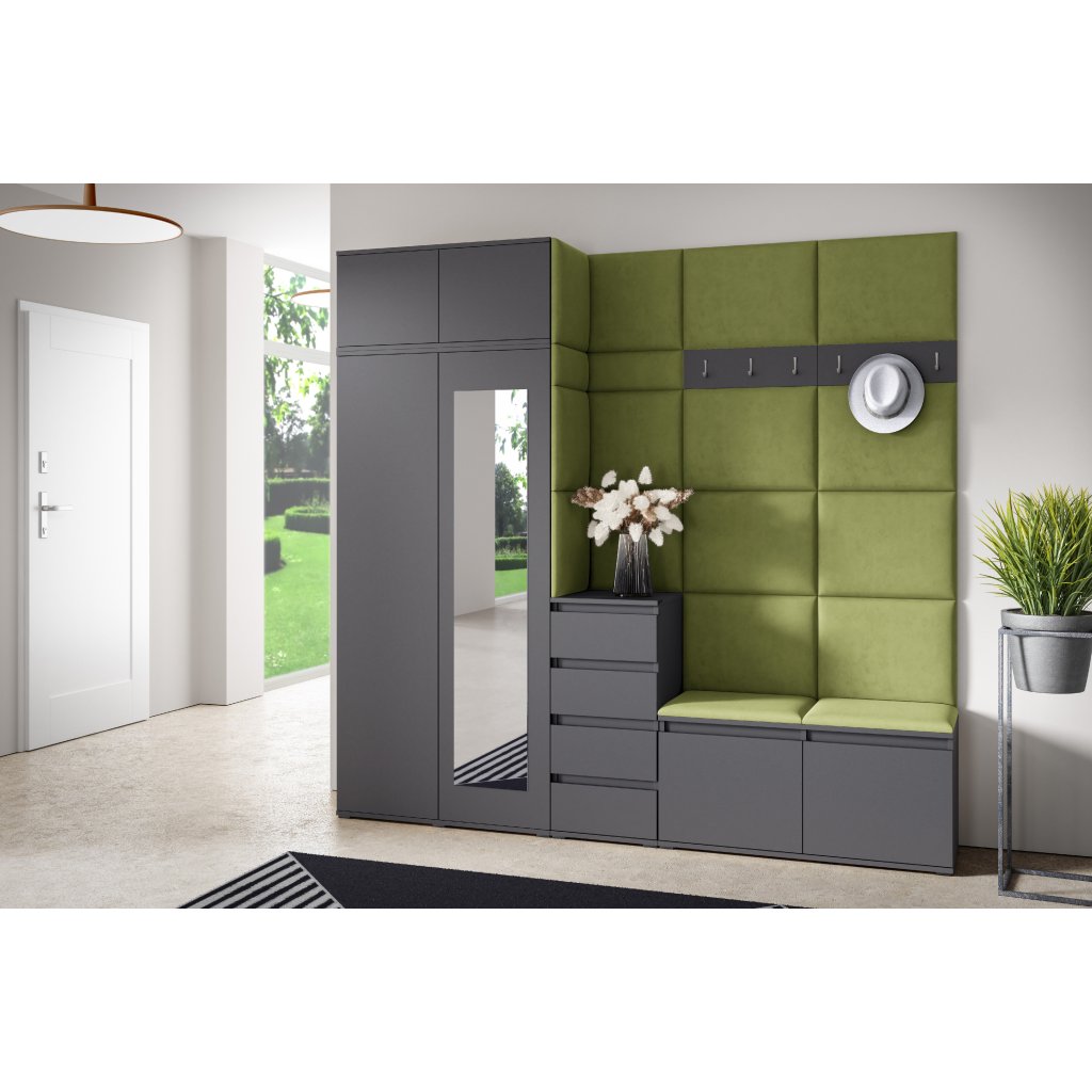 Eka Předsíňová stěna s čalouněnými panely Trinity 33 - Grafit / Olivová 2312