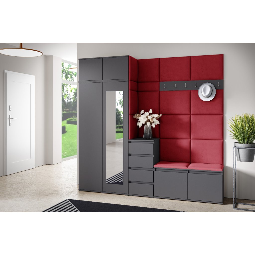 Eka Předsíňová stěna s čalouněnými panely Trinity 33 - Grafit / Rubínová 2324