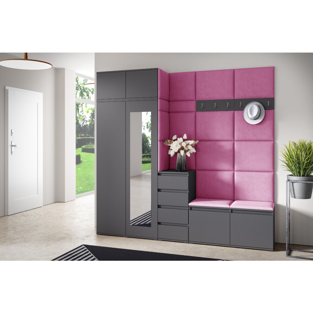 Eka Předsíňová stěna s čalouněnými panely Trinity 33 - Grafit / Růžová 2310