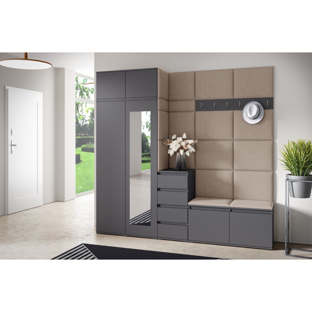 Eka Předsíňová stěna s čalouněnými panely Trinity 33 - Grafit / Světlá béžová 2303