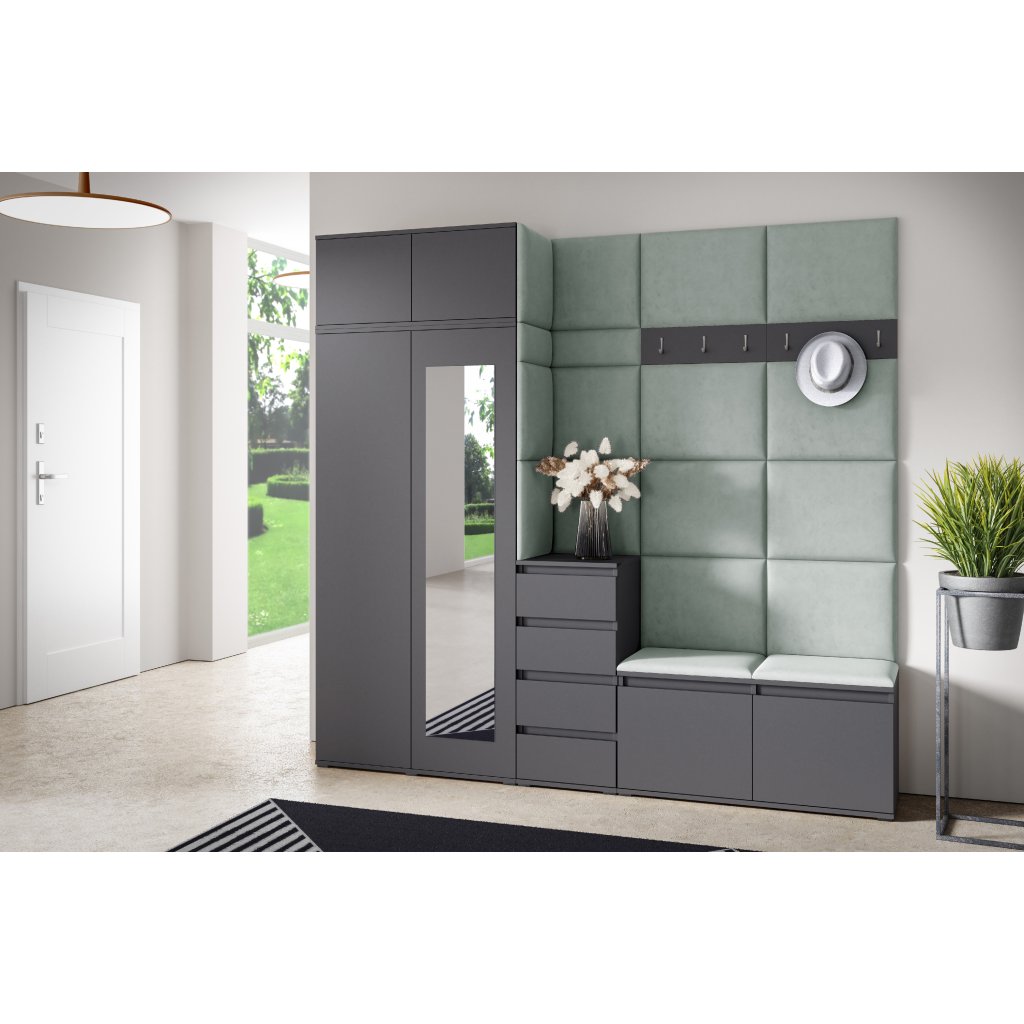 Eka Předsíňová stěna s čalouněnými panely Trinity 33 - Grafit / Světlá zelená 2321