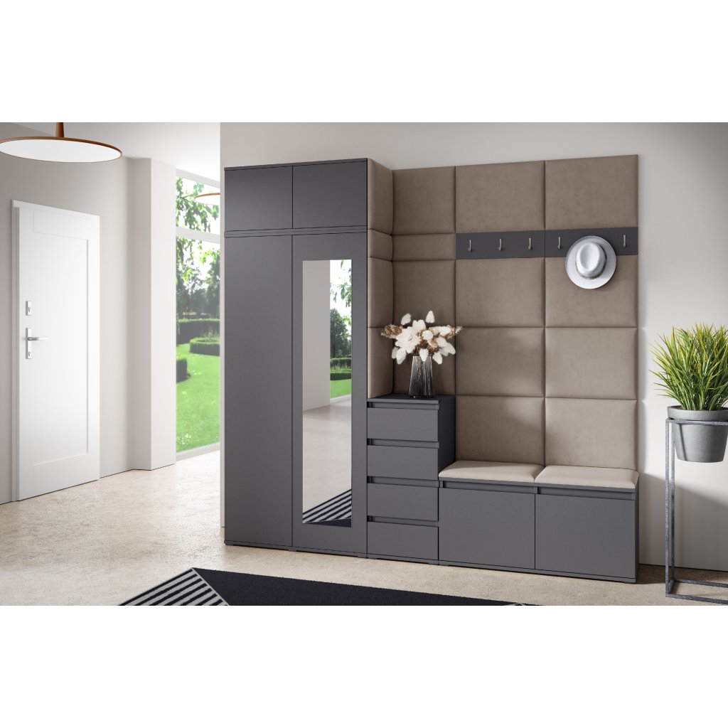 Eka Předsíňová stěna s čalouněnými panely Trinity 33 - Grafit / Tmavá béžová 2305
