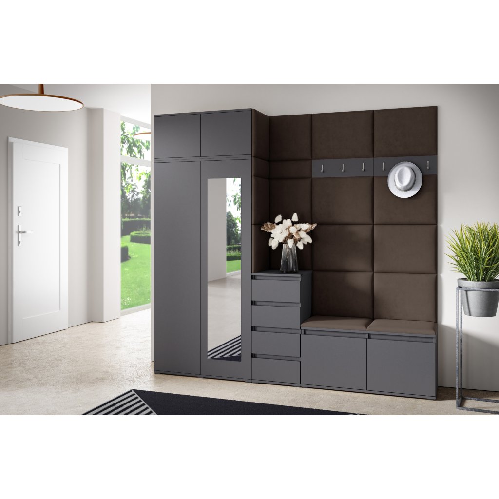 Eka Předsíňová stěna s čalouněnými panely Trinity 33 - Grafit / Tmavá hnědá 2308