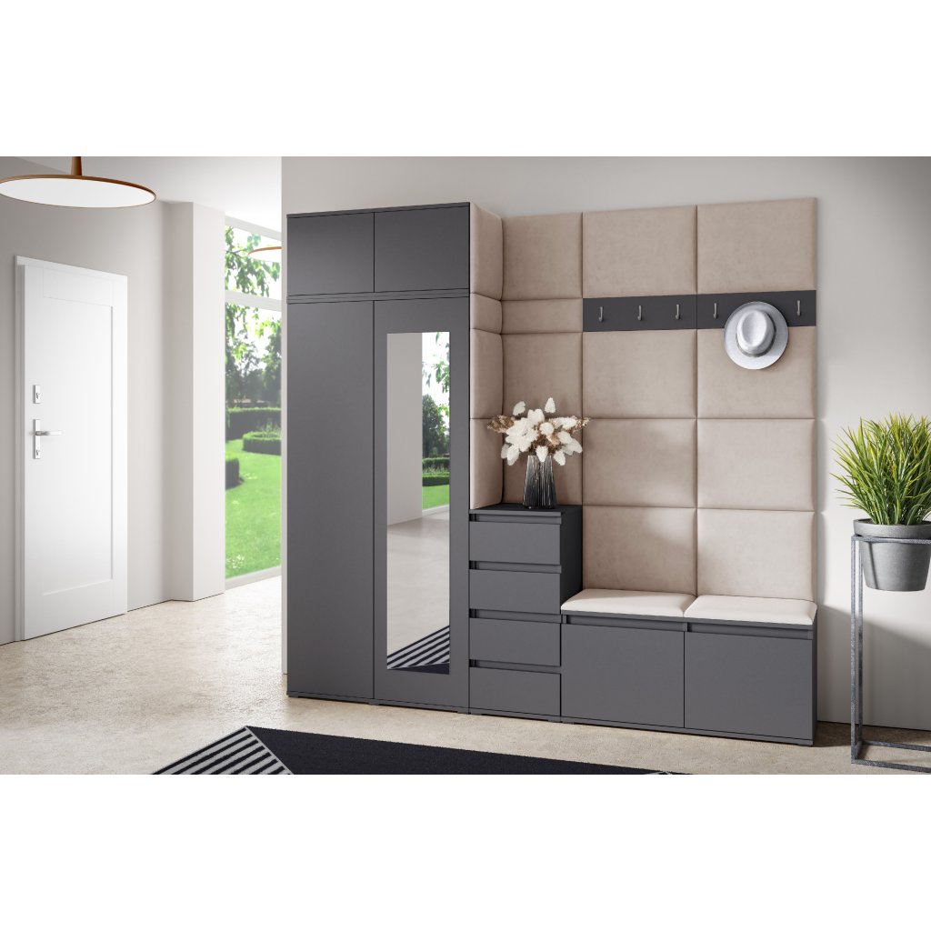 Eka Předsíňová stěna s čalouněnými panely Trinity 33 - Grafit / Tmavá krémová 2302