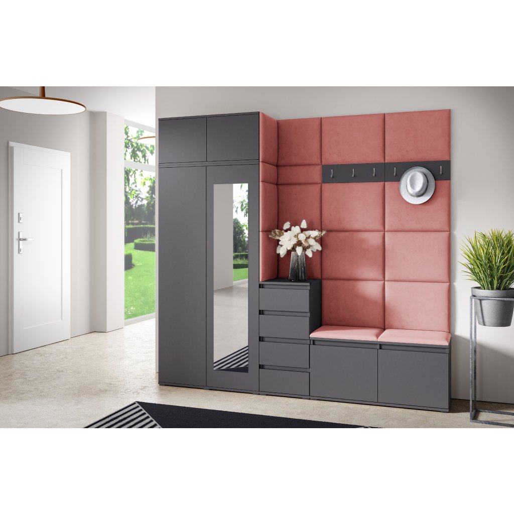 Eka Předsíňová stěna s čalouněnými panely Trinity 33 - Grafit / Tmavá růžová 2323