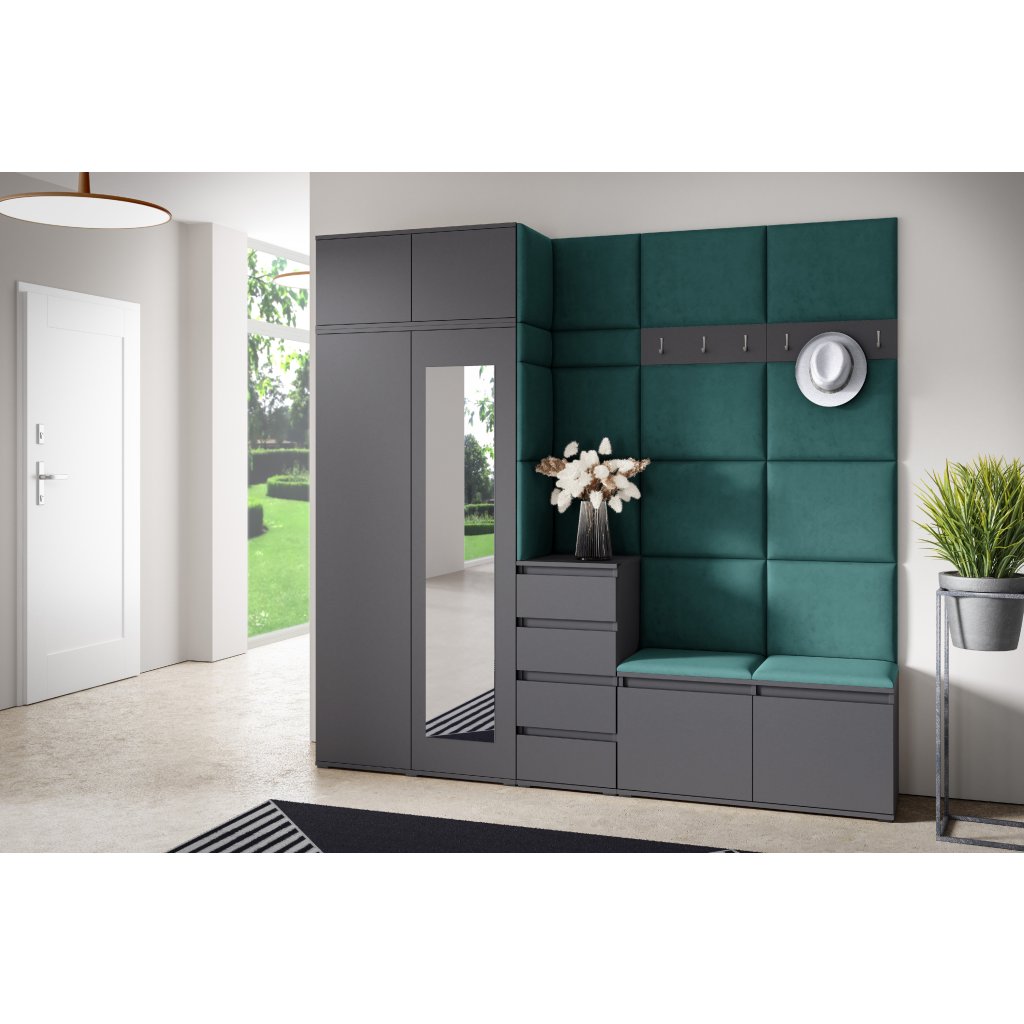 Eka Předsíňová stěna s čalouněnými panely Trinity 33 - Grafit / Tmavá zelená 2328