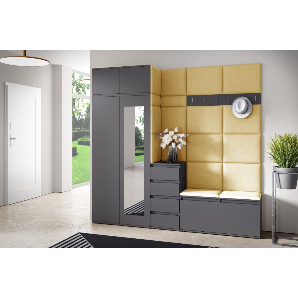 Eka Předsíňová stěna s čalouněnými panely Trinity 33 - Grafit / Žlutá 2318