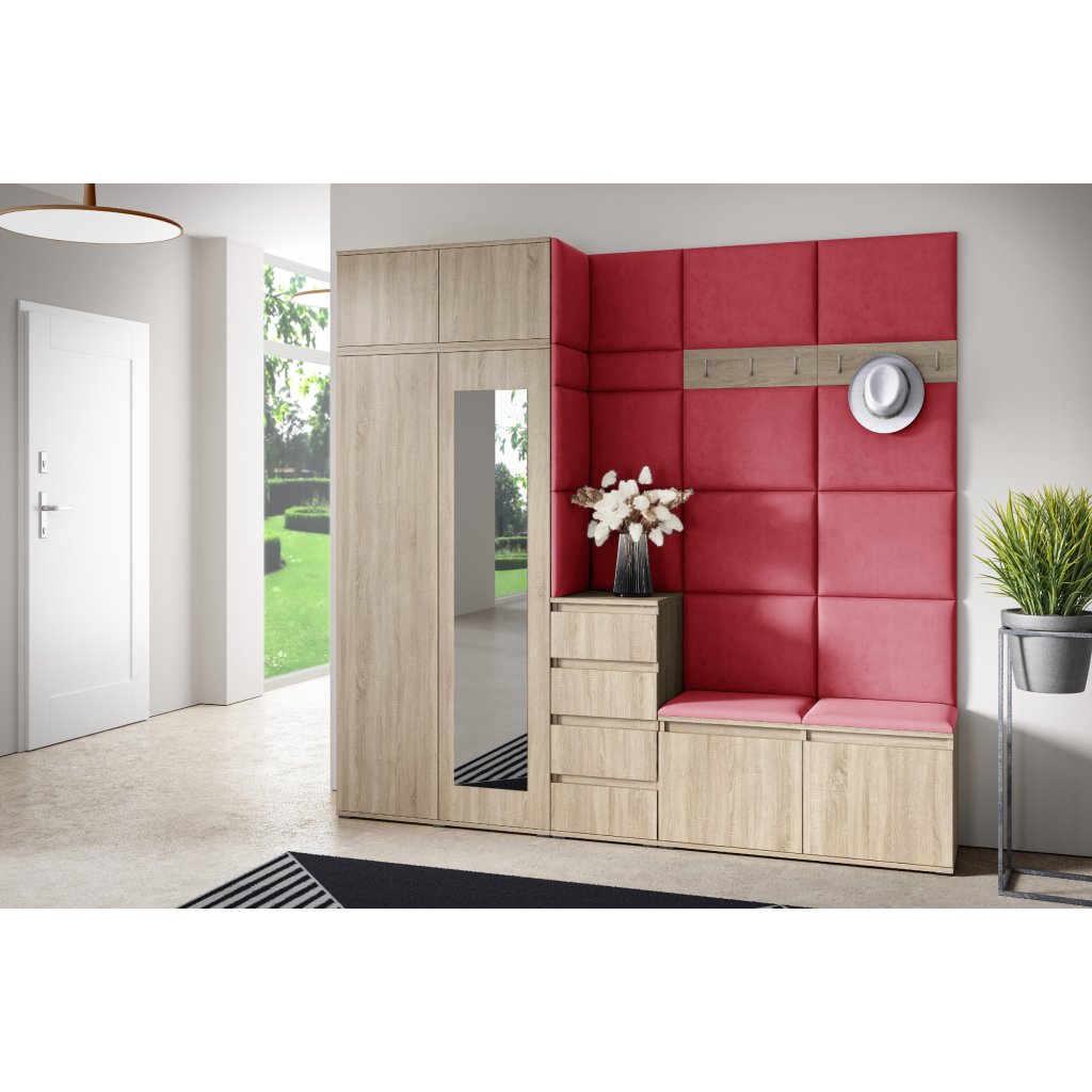 Eka Předsíňová stěna s čalouněnými panely Trinity 33 - Sonoma / Červená 2309