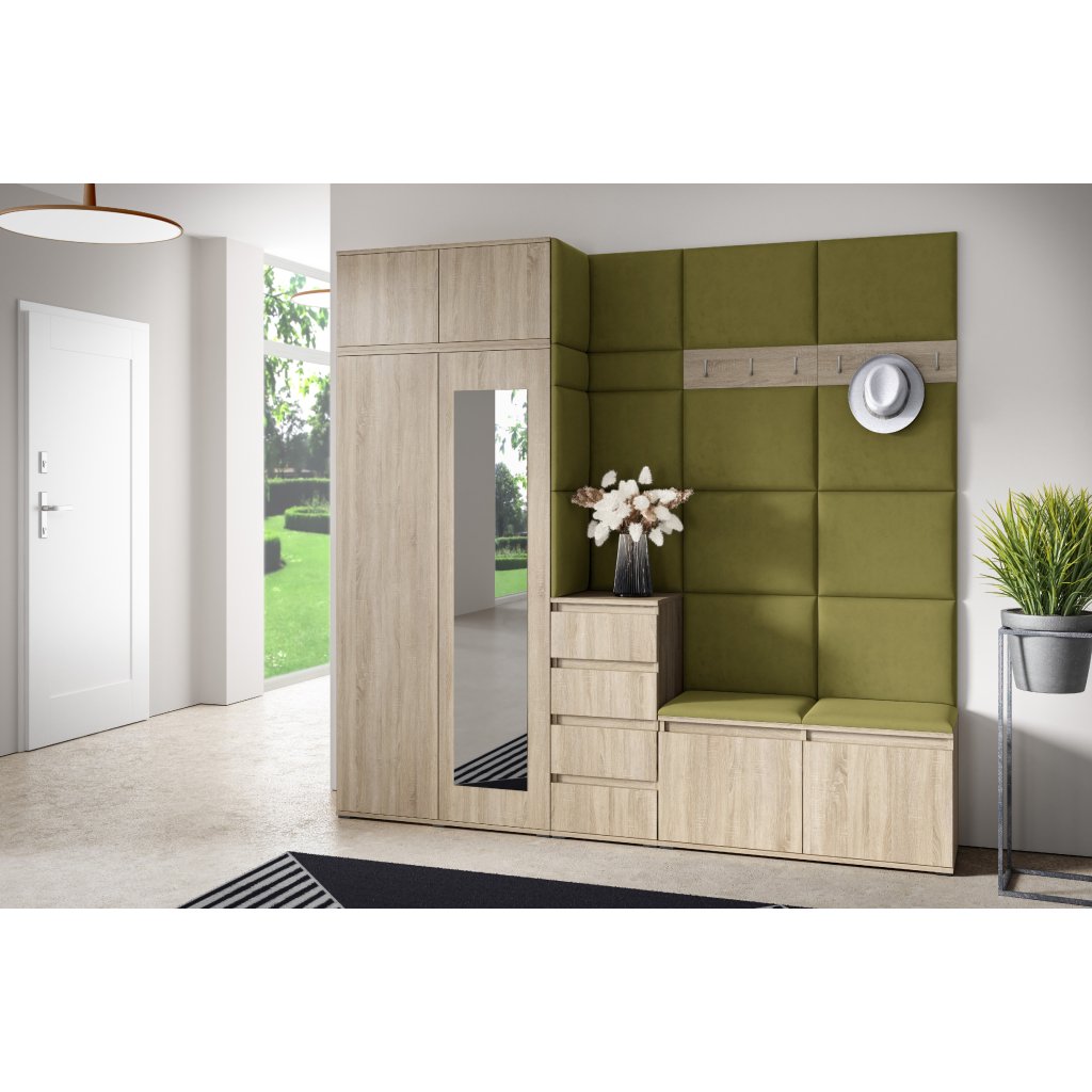 Eka Předsíňová stěna s čalouněnými panely Trinity 33 - Sonoma / Khaki zelená 2327